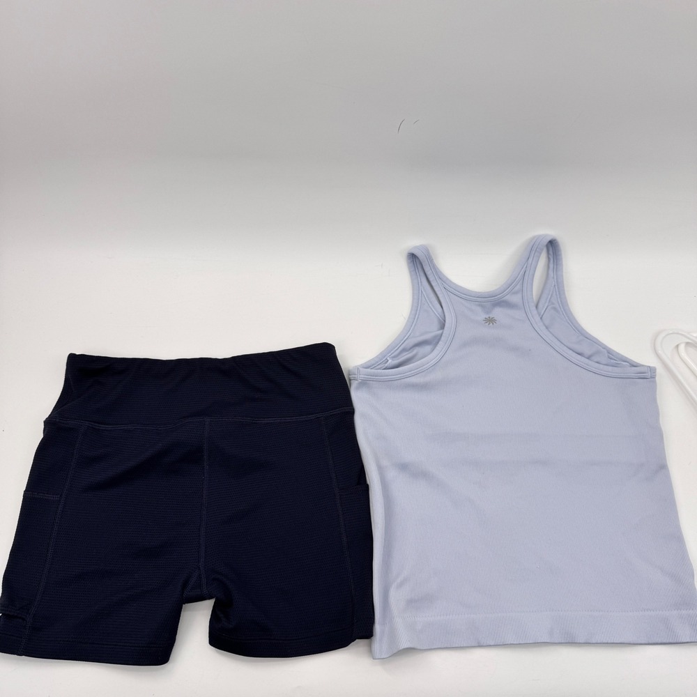 Athleta Girl Activewear Set Kids L 12 Blue Tank Navy Shorts Ribbed Performance